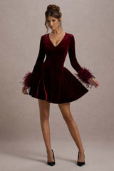 Port Velvet Plunge-Neck Feather Trim Mini Dress