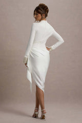 Ecru Satin Long-Sleeve Midi Dress With Draped Skirt