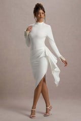 Ecru Satin Long-Sleeve Midi Dress With Draped Skirt