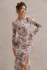 Leopard Print Mesh Long-Sleeve Open-Back Maxi Dress