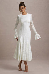 Cream Lace Long-Sleeve Midi Dress