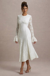 Cream Lace Long-Sleeve Midi Dress