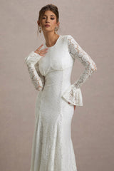 Cream Lace Long-Sleeve Midi Dress
