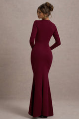 Berry Long-Sleeve Maxi Dress With Ruffled Split