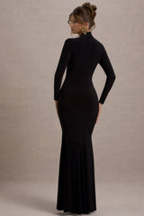 Black High-Neck Long-Sleeve Maxi Dress