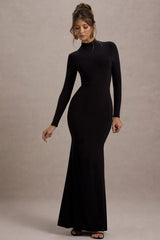 Black High-Neck Long-Sleeve Maxi Dress