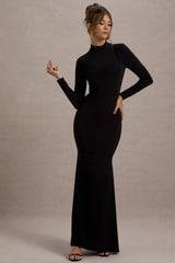 Black High-Neck Long-Sleeve Maxi Dress