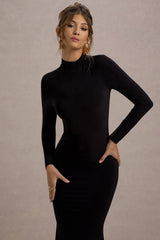 Black High-Neck Long-Sleeve Maxi Dress