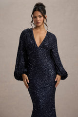 Navy Sequin Plunge-Neck Maxi Dress