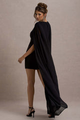 Black Bodycon Mini Dress With Chiffon Cape