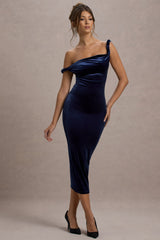 Navy Velvet Twisted Asymmetric Midi Dress