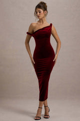 Berry Velvet Twisted Asymmetric Midi Dress