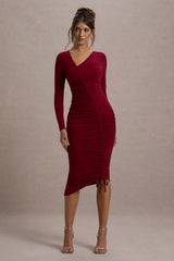 Berry Ruched Asymmetric Midi Dress