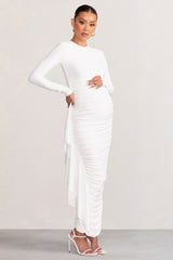 White Long Sleeve Ruched Maternity Midi Dress with Frill Detail