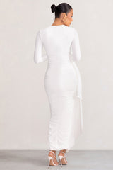 White Long Sleeve Ruched Maternity Midi Dress with Frill Detail