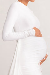 White Long Sleeve Ruched Maternity Midi Dress with Frill Detail