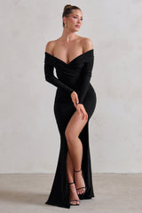 Black Bardot Wrap Ruched Split Maxi Dress
