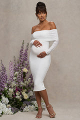 White Maternity Ruched Mesh Bardot Midi Dress