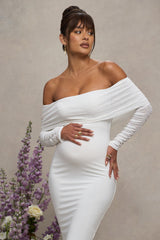 White Maternity Ruched Mesh Bardot Midi Dress