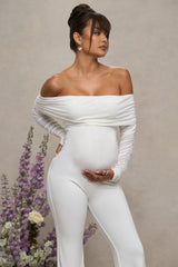 White Maternity Ruched Mesh Bardot Jumpsuit