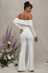 White Maternity Ruched Mesh Bardot Jumpsuit