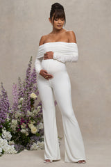 White Maternity Ruched Mesh Bardot Jumpsuit