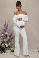 White Maternity Ruched Mesh Bardot Jumpsuit
