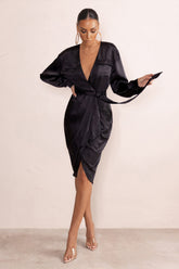 Black Satin Plunge Neck Midi Dress With Belt Detail