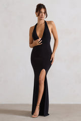 Black Backless V Plunge Halter Neck Maxi Dress With Side Split