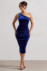 Cobalt Blue One Shoulder Ruched Midi Dress