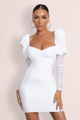 White Puff Sleeved Ruched Mini Dress