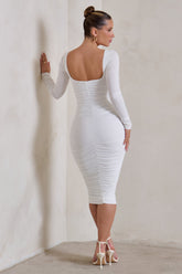 White Long Sleeve Square Neck Ruched Midi Dress