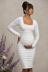 White Maternity Square Neck Ruched Midi Dress