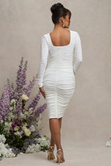 White Maternity Square Neck Ruched Midi Dress