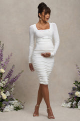 White Maternity Square Neck Ruched Midi Dress