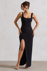 Black Square Neck Maxi Dress with Plunge Back and Side Thigh Split