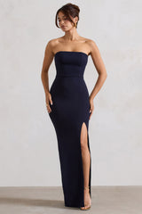 Navy Bandeau Maxi Dress With Split Hem