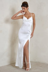 White Satin Plunge Fishtail Maxi Dress