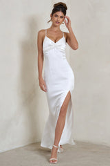White Satin Plunge Fishtail Maxi Dress