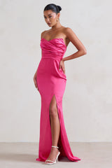 Hot Pink Strapless Maxi Dress With Split