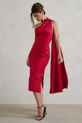 Berry Red Satin Asymmetric Scarf Neck Backless Midi Dress