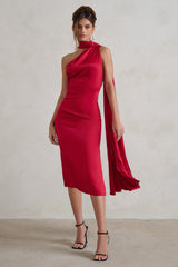 Berry Red Satin Asymmetric Scarf Neck Backless Midi Dress