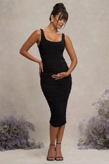 Black Maternity Square Neck Ruched Midi Dress