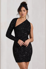 Black Sequin One Shoulder Bodycon Mini Dress