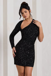 Black Sequin One Shoulder Bodycon Mini Dress