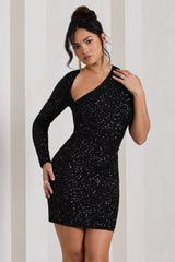 Black Sequin One Shoulder Bodycon Mini Dress