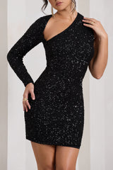 Black Sequin One Shoulder Bodycon Mini Dress
