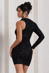 Black Sequin One Shoulder Bodycon Mini Dress
