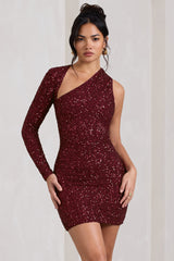 Burgundy Sequin One Shoulder Bodycon Mini Dress