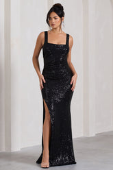 Black Sequin Open-Back Bodycon Maxi Dress